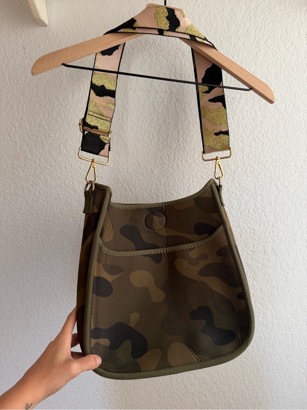 Ahdorned Neoprene Camo Messenger Crossbody Bag w/ Metallic Camo Guitar Strap